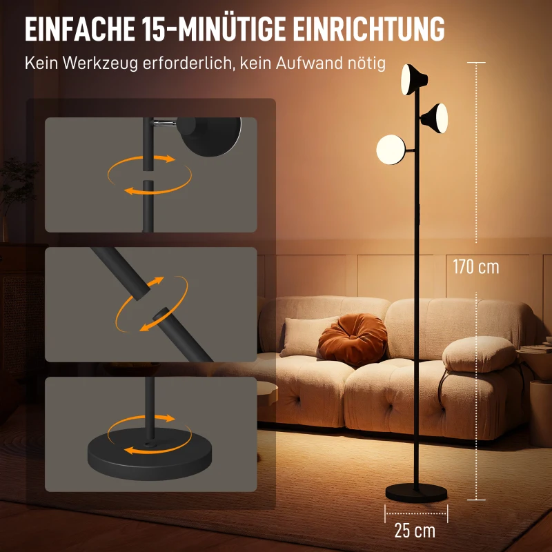 HOMCOM Stehlampe Dimmbar mit Leselampe, Stehleuchte RGB Farbwechsel mit Fernbedienung Touch-Steuerung 3 drehbare Köpfe Schwarz