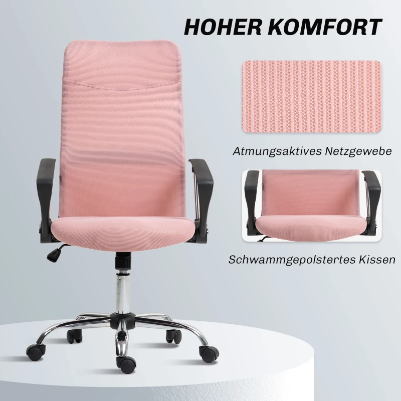 HOMCOM Ergonomischer Bürostuhl Höhenverstellbarer Drehstuhl mit Wippfunktion, Netzbespannung, 63 x 65 x 109-119 cm Rosa