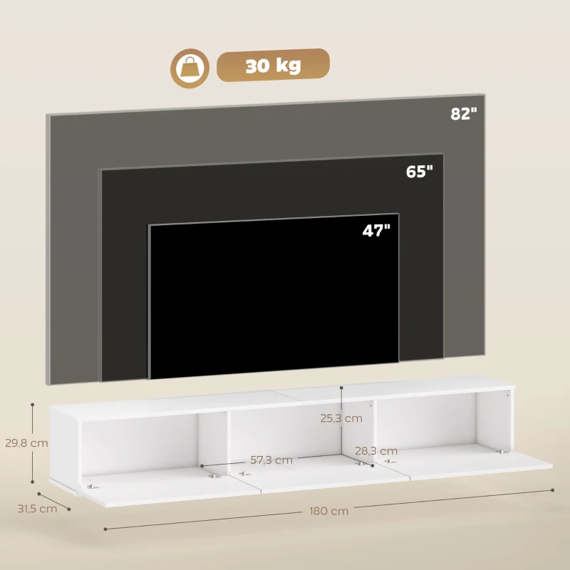 HOMCOM Schwebender TV-Schrank, Wandmontage, 3 Schubladen, viel Stauraum, 180 cm, Weiß