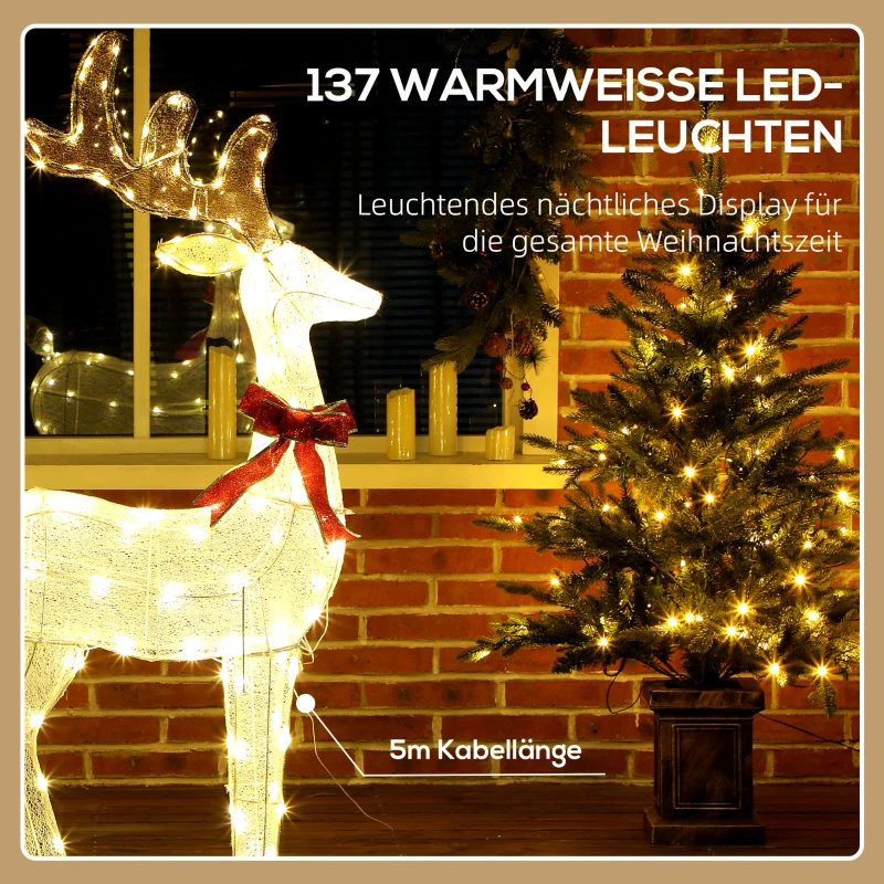 Outsunny Rentier mit roter Schleife, 137 LEDs, Weihnachtsbeleuchtung, wetterfest, 66 x 25 x 135 cm, Silber