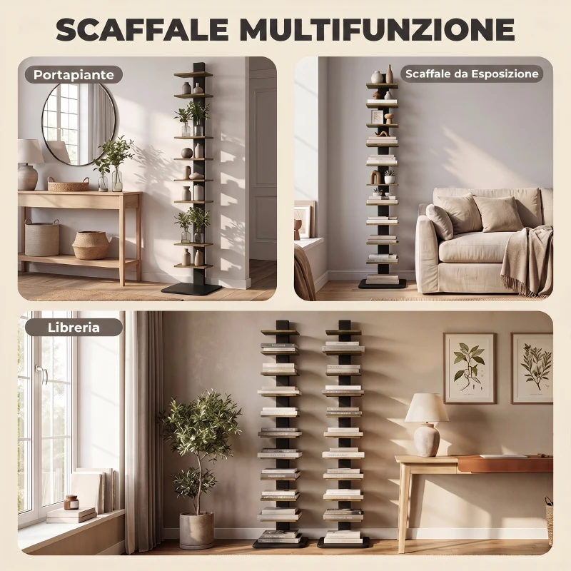 HOMCOM Libreria Moderna a 11 Ripiani Salvaspazio, 34.5x41.5x163.5 cm, Marrone Rustico