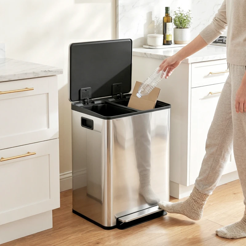 HOMCOM Mülleimer mit 2x30L Fächern, Soft-Close-Deckel, Fingerabdrucksicher, Edelstahl, Silber
