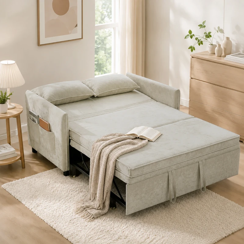 HOMCOM Canapea extensibilă 2 locuri, Canapea-pat 3 în 1 din chenille 125 cm cu spătar reglabil, șezut lat, 2 perne, Crem