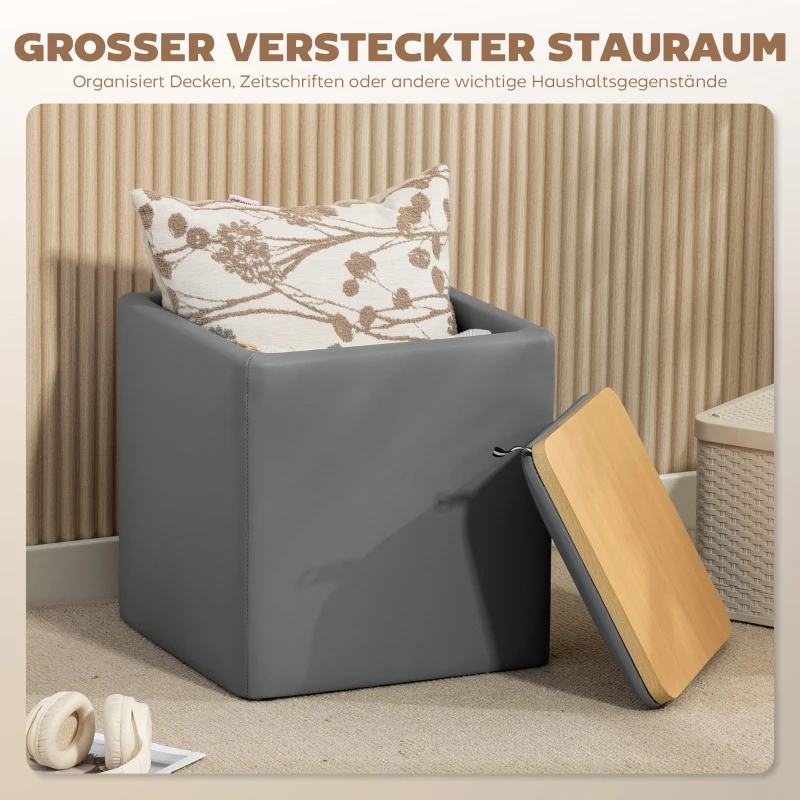 HOMCOM Sitzhocker mit Stauraum Hocker mit Deckel, Quadratischer Fußhocker Sitzwürfel Kunstleder 40 x 40 x 40 cm Grau