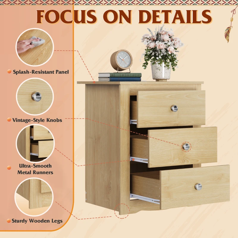 WLIVE 3-Drawer Wooden Bedside Table with Charging Station, USB Ports & Plug Sockets, Nightstand with Storage for Bedroom, Living Room, Office (1, Oak)