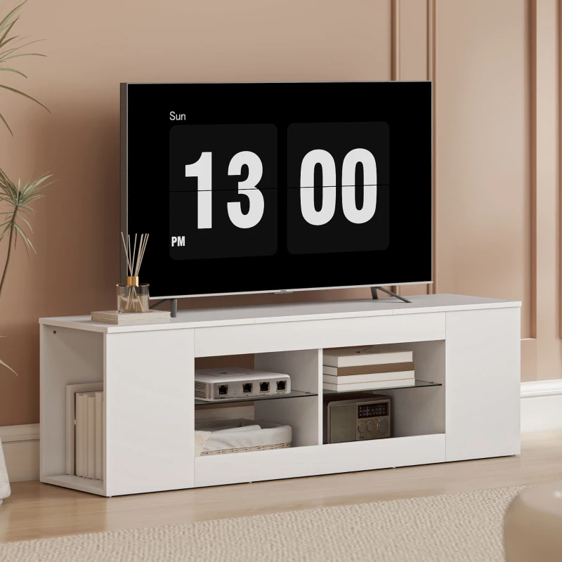 HOMCOM 140 cm TV-Ständer, Fernseh-Kommode, 6 Fächer, 2 Glasregale, Spanplatte, Weiß