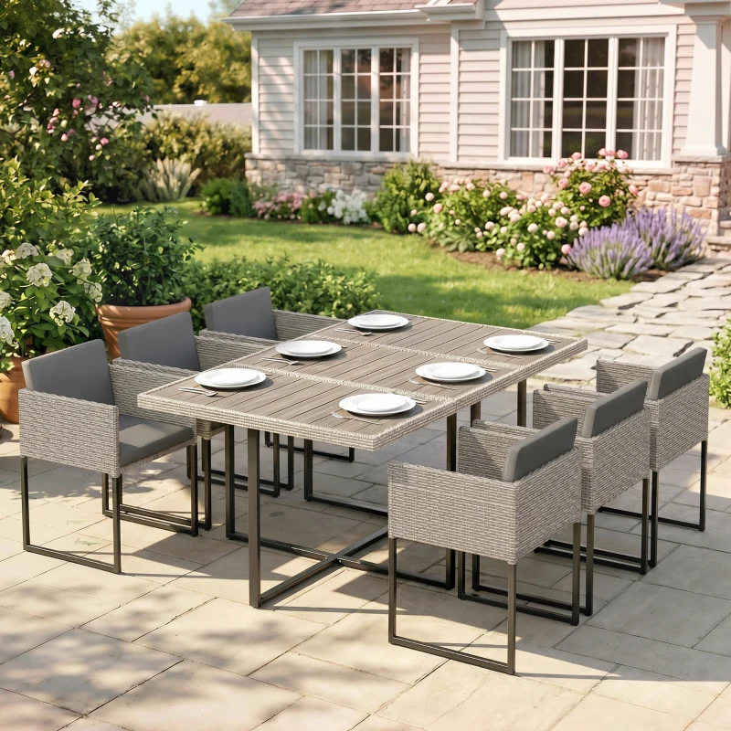 Outsunny 7 Piece Rattan Garden Furniture Set, Garden Dining Set with Wood-Plastic Table and 6 Stackable Chairs, Light Grey