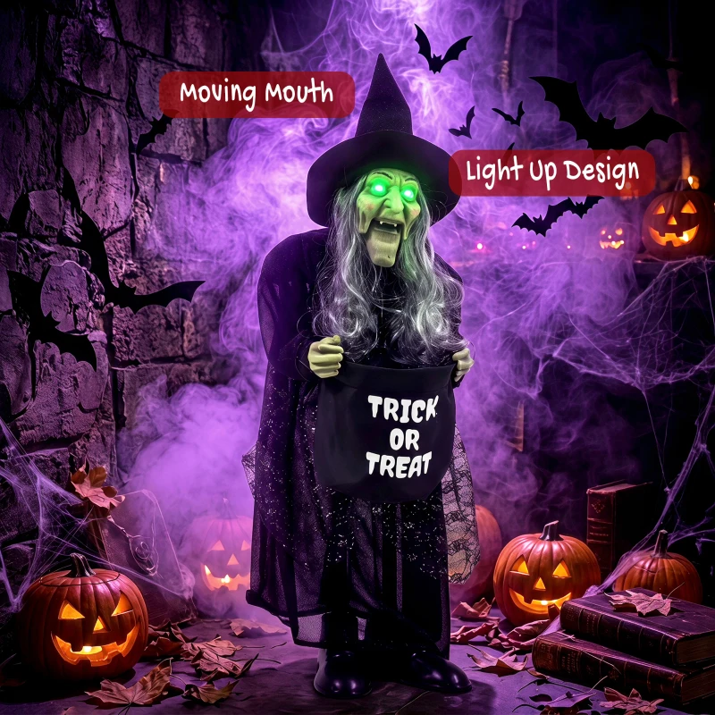 HOMCOM 94cm Animated Witch Halloween Decoration, Scary Halloween Animatronics Decor with Sound Touch Activated & Light Up Eyes