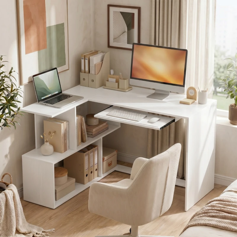 HOMCOM Bureau d'Angle, 120 x 100 x 76 cm, Bureau Informatique en L avec Plateau de Clavier, 4 Compartiments Ouverts, Blanc