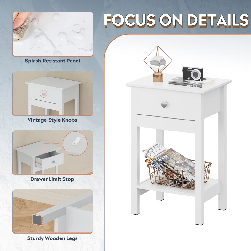 WLIVE Wooden Bedside Table, Nightstand with Shelf Drawer, Wooden Side Sofa Tables, for Small Spaces, End Tables for Living Room, Bedroom (1, White)