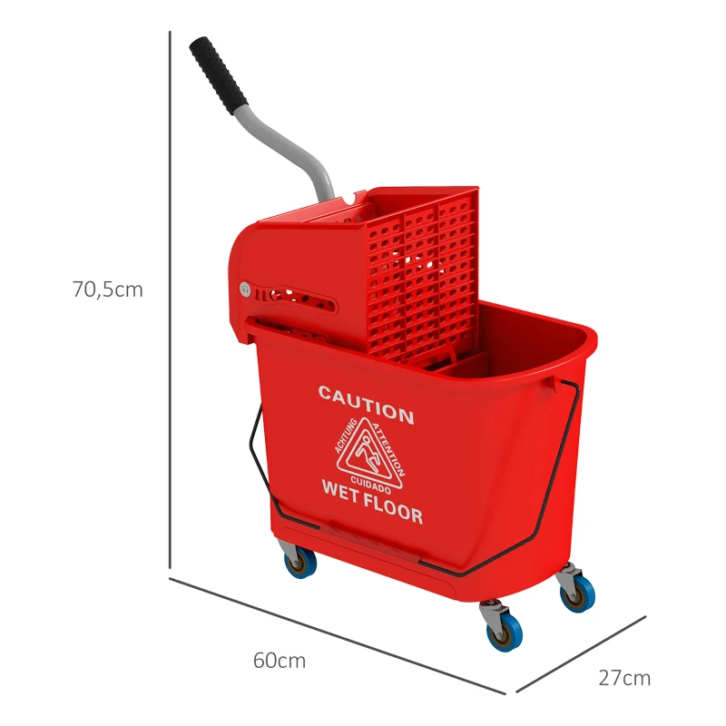 HOMCOM 20 L Mopp-Eimer mit Auswringer und Griff, Wischmopp-Eimer auf Rädern, Kunststoff, Rot