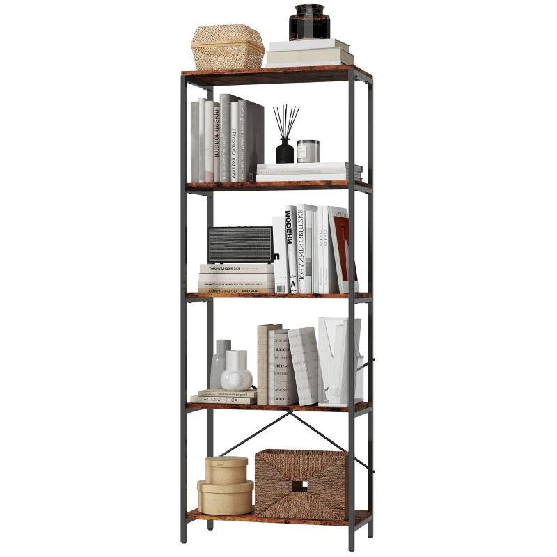 HOMCOM Bücherregal, 5 Ebenen, Metall, Melaminoberfläche, Braun