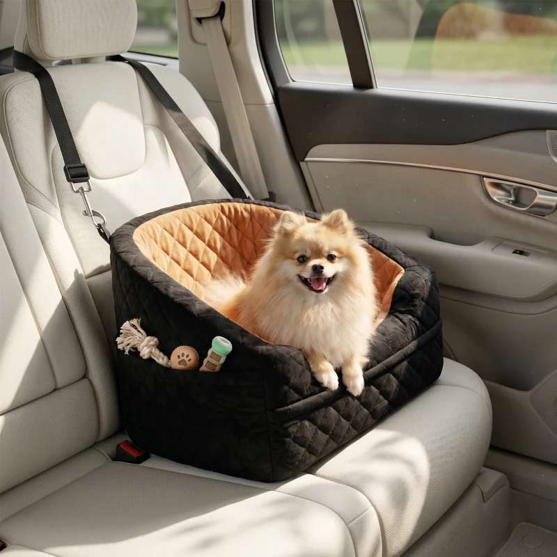 PawHut Dog Car Seat, Detachable Washable Dog Booster Seat with Thick Cushion, Seat Belt, Pockets for Small Under 10kg, Brown