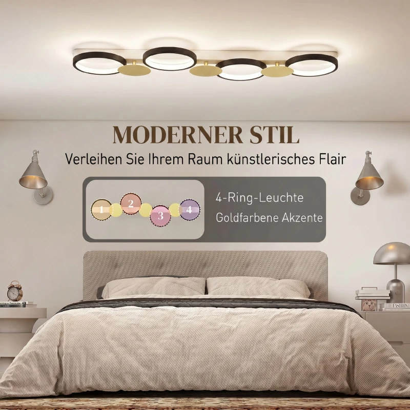 HOMCOM Deckenleuchte LED 38W 1500LM 3000K-6500K Deckenlampe Wohnzimmerlampe mit 4 Glühbirnen Fernbedienung Schwarz+Gold