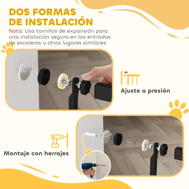 PawHut Barrera para Perros Extra Alta con Ancho Ajustable 77-104 cm Puerta para Perros con Extensiones y Puerta de Paso Negro