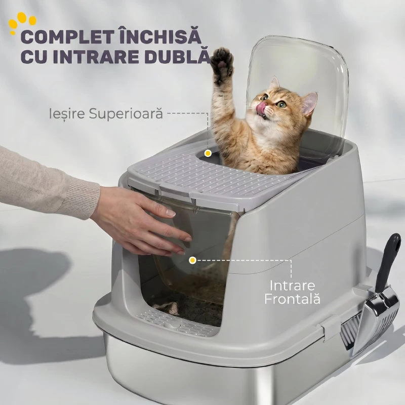 PawHut Litieră Închisă pentru Pisici din Oțel Inoxidabil, cu Capac Rabatabil, Acces Dublu și Paletă, Gri Deschis