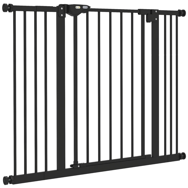 PawHut Barrera de Seguridad para Perros 74-100 cm con Extensiones Montaje a Presión y Doble Bloqueo Negro