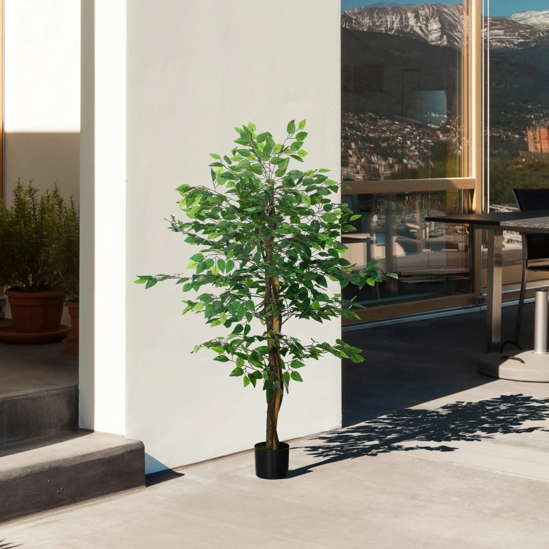 HOMCOM Conjunto de 2 Ficus Artificiais com Troncos Naturais 150 cm Plantas Artificiais com Vaso e 882 Folhas Verde