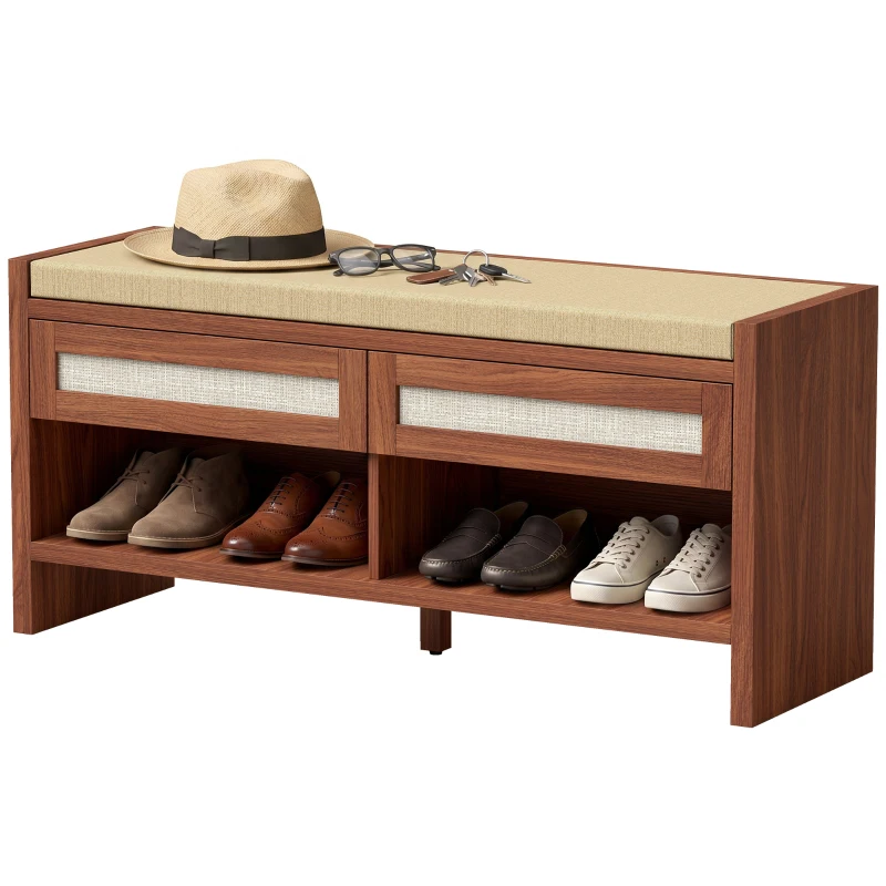 HOMCOM Boho Shoe Bench with 2 Rattan Drawers, Shoe Storage Bench with Cushioned Seat and Open Shelf Brown