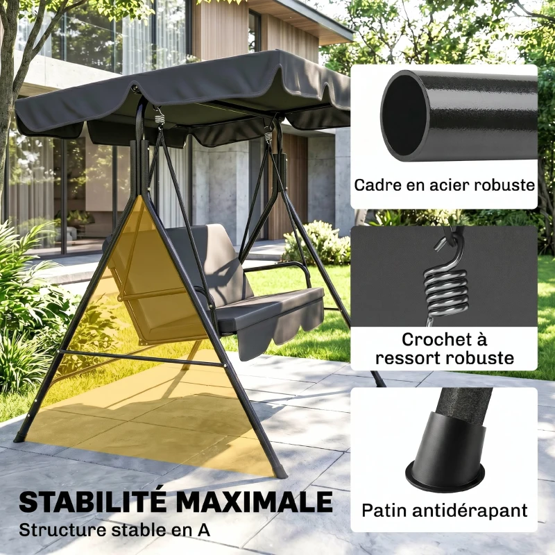 Outsunny Balancelle de Jardin 3 Places Toit Inclinaison réglable Coussins Assise et Dossier Acier Noir Polyester Noire