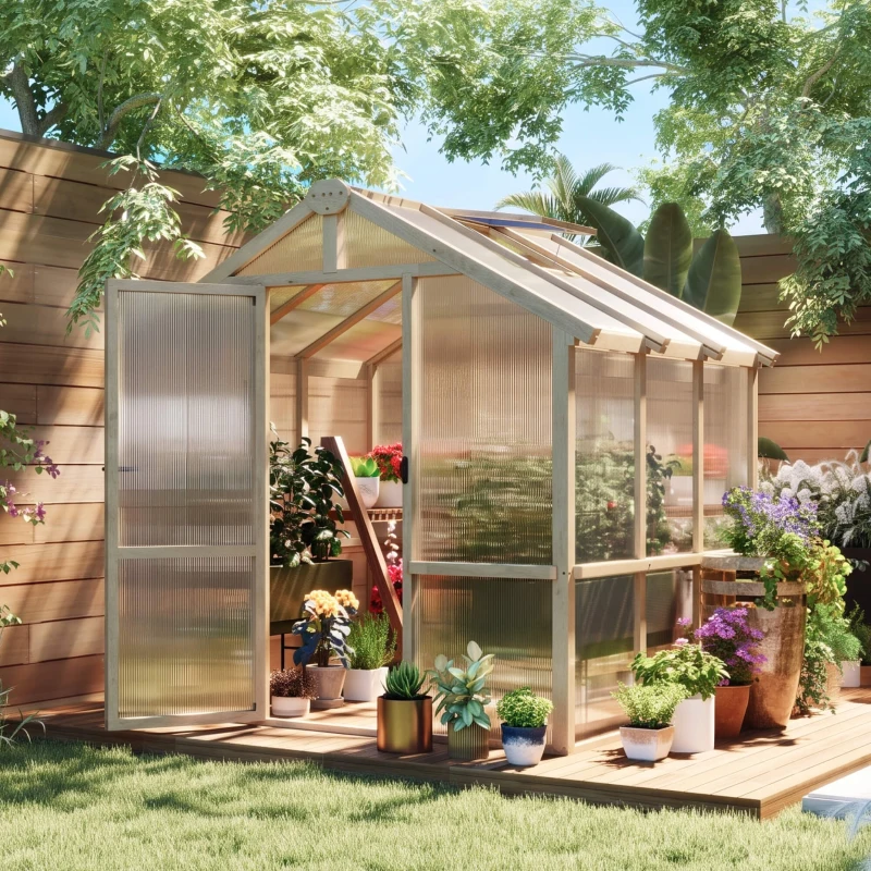 Outsunny 6.6 x 6ft Polycarbonate Greenhouse, Walk-in Wooden Greenhouse with Lockable Door and Window, Garden Plants Grow House, Brown