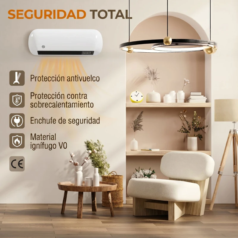 HOMCOM Calefactor Eléctrico de Pared 2000W con 3 Modos Pantalla LED Termostato Temporizador y Oscilación Blanco