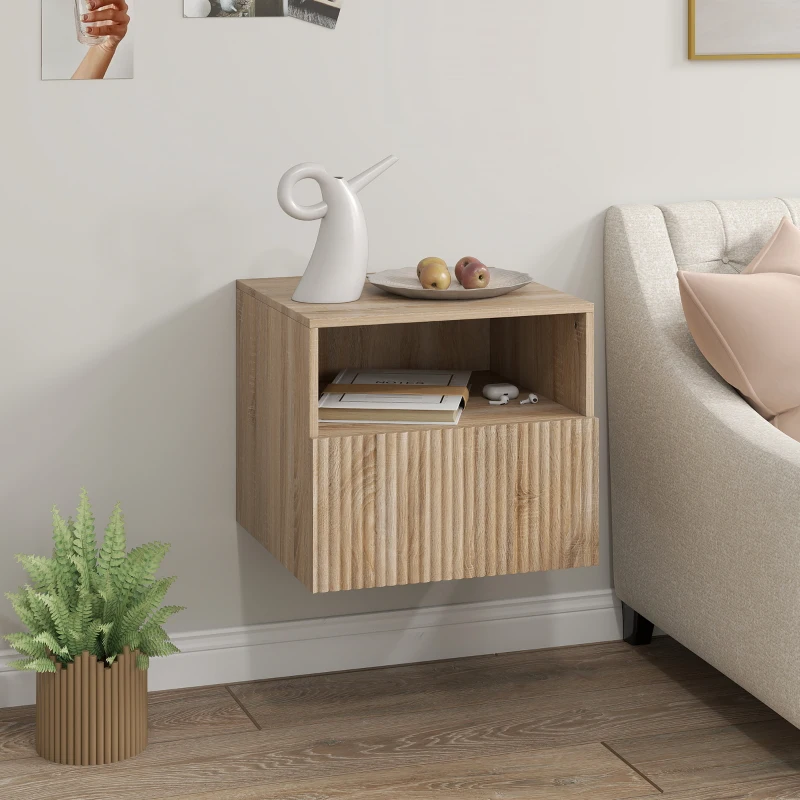 HOMCOM Nachttisch, griffloses Design, offenes Fach, Schublade, Wandmontage, Hellbraun