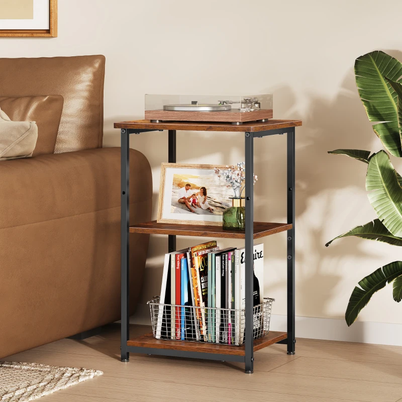 WLIVE 3-Tier Side Table, Built with Robust Steel Frame and Adjustable Feet, Top Shelf Comes with 19kg Load Bearing, Suitable for Living Room, Bedroom and Office, Rustic Brown