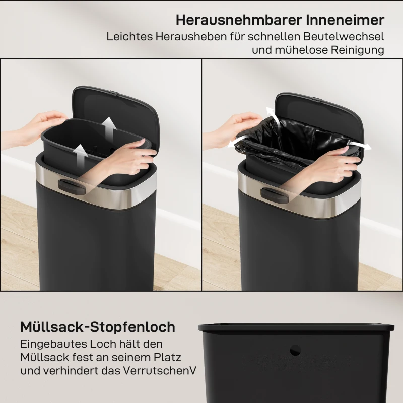 HOMCOM Mülleimer, Edelstahl Küchenmülleimer mit offen bleibendem Deckel, herausnehmbarer Inneneimer, 21,5x19,5x30 cm, Schwarz
