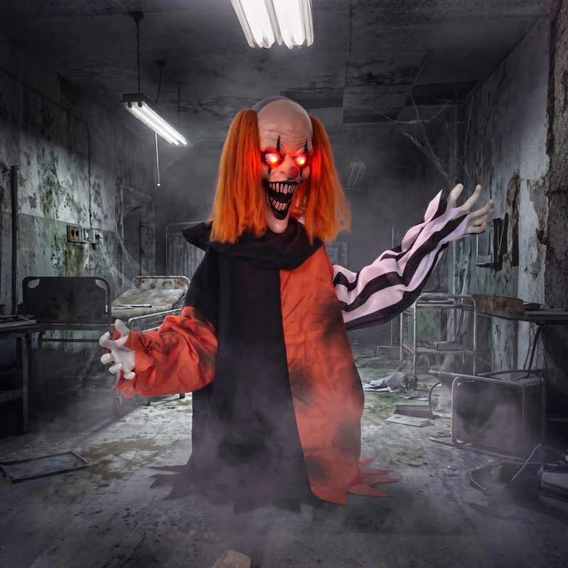 HOMCOM Animated Halloween Face Changing Clown, Animatronic Joker with Cackling Sound, Glowing Eyes, Sound/Touch Activated