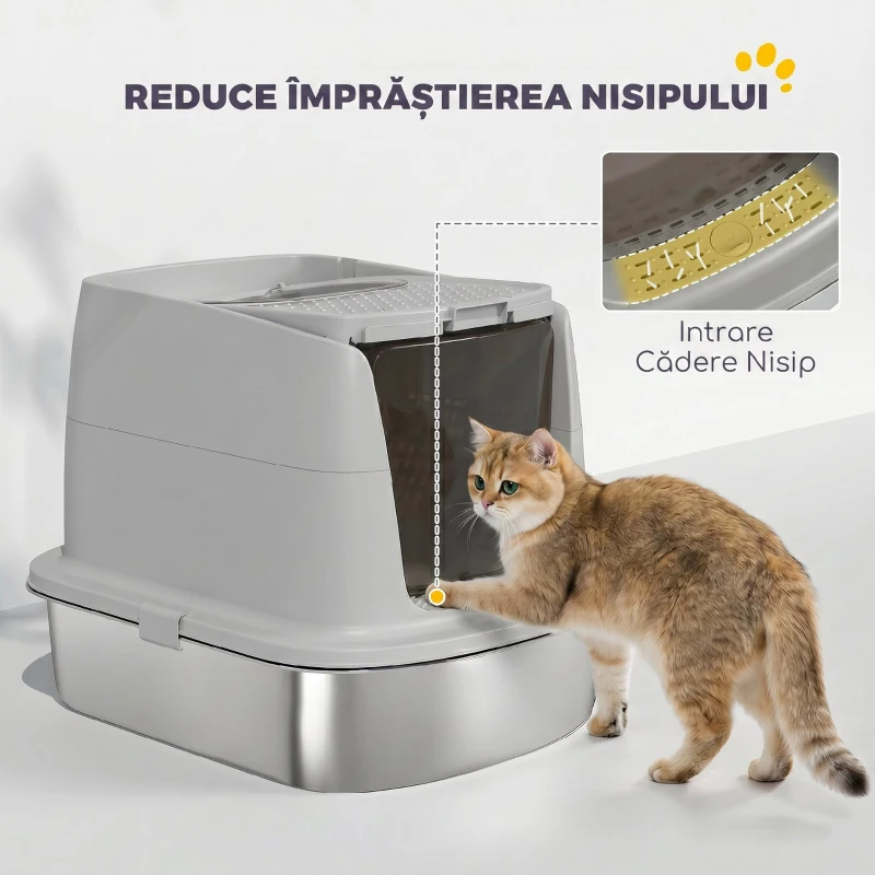 PawHut Litieră Închisă pentru Pisici din Oțel Inoxidabil, cu Capac Rabatabil, Acces Dublu și Paletă, Gri Deschis
