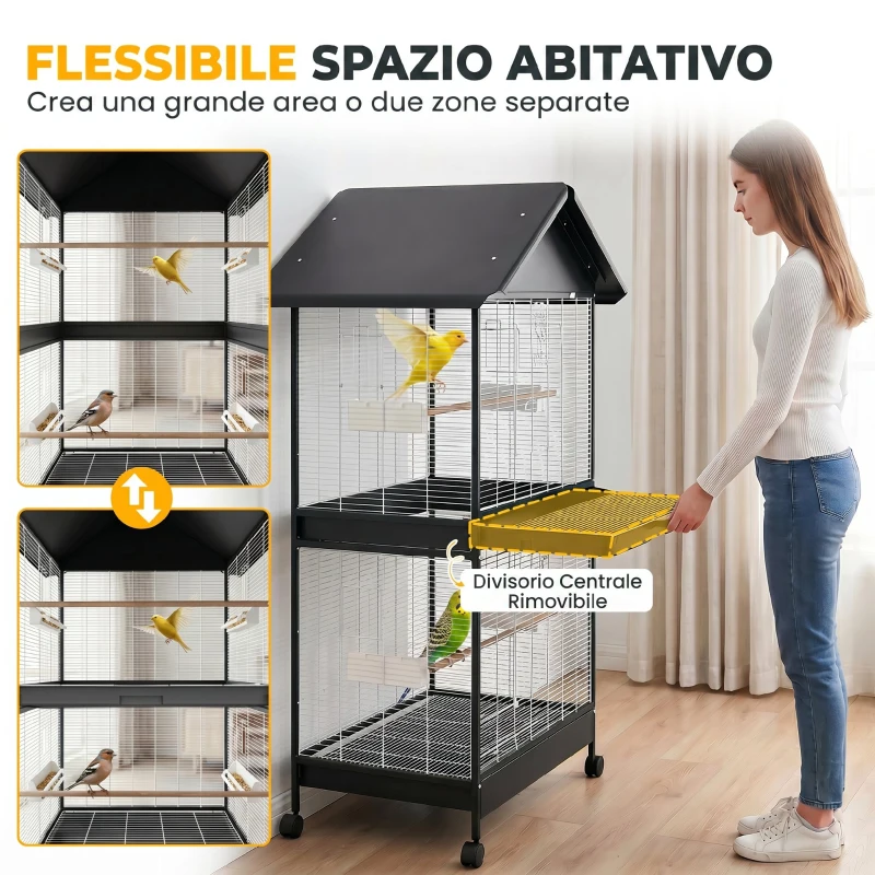 PawHut Gabbia per Uccelli Grande con Ruote, Vassoio Estraibile, Posatoi, Tetto, Pappagalli, Canarini, Nero