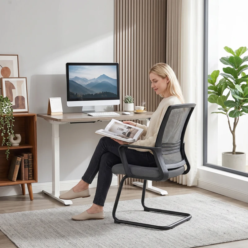 HOMCOM Padded Meeting Office Chair, Ergonomic Desk Chair No Wheels with Sled Base for Bedroom, Waiting, Reception, Dark Grey