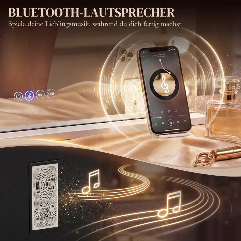 HOMCOM Hollywood Schminkspiegel mit 18 dimmbaren LED-Lampen, 3 Farben, RGB-Licht, Bluetooth-Lautsprecher, 10x Vergrößerung Weiß