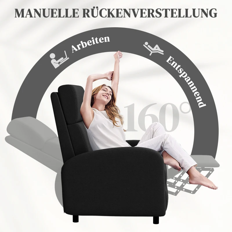 HOMCOM Relaxsessel, Fernsehsessel mit Liegefunktion, gepolstert, mit verstellbarer Rückenlehne, Fußteil, Schwarz