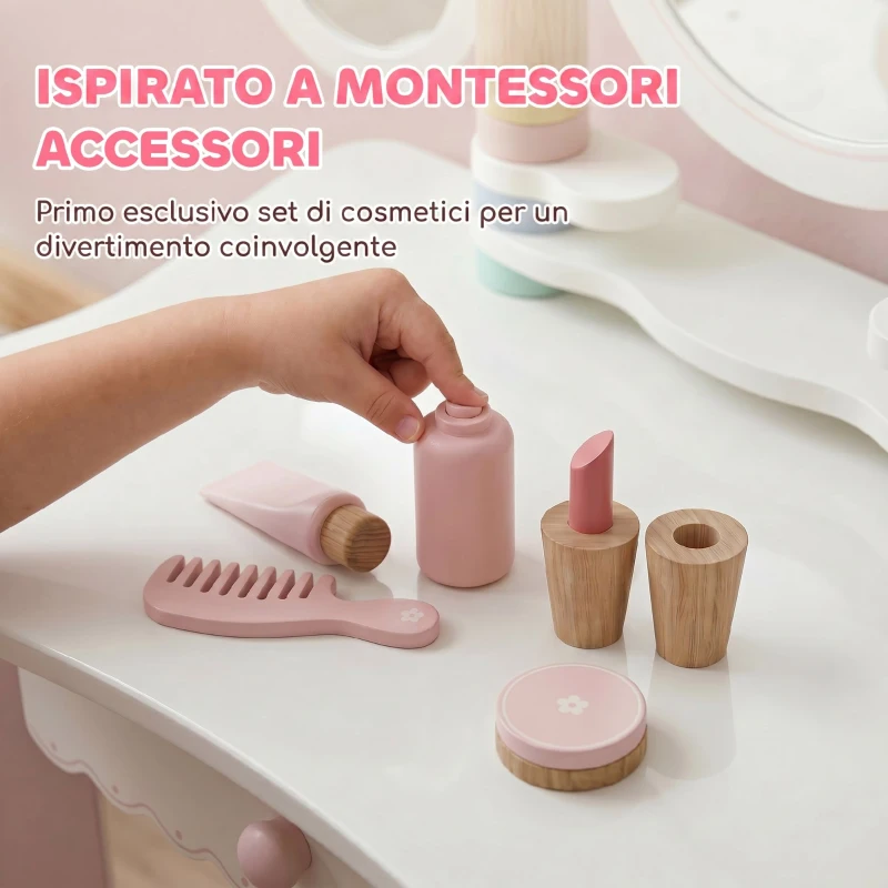 AIYAPLAY Toeletta per Bambini con Sgabello, Cassetto, 3 Specchi e 5 Accessori, Età 3+ Anni, Rosa