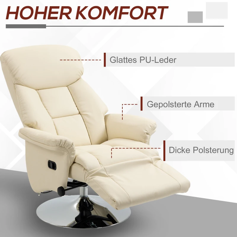HOMCOM Relaxsessel, Liegefunktion, Lederoptik, Fußstütze, bis 150 kg, 78 x 80 x 109 cm, Creme