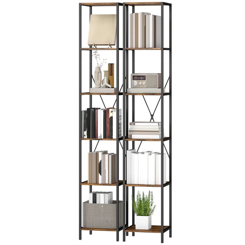 HOMCOM 2er-Set 6-Ebenen-Bücherregal, Stahlrahmen, für Wohnzimmer, Büro, Schlafzimmer, Rustikal-Braun
