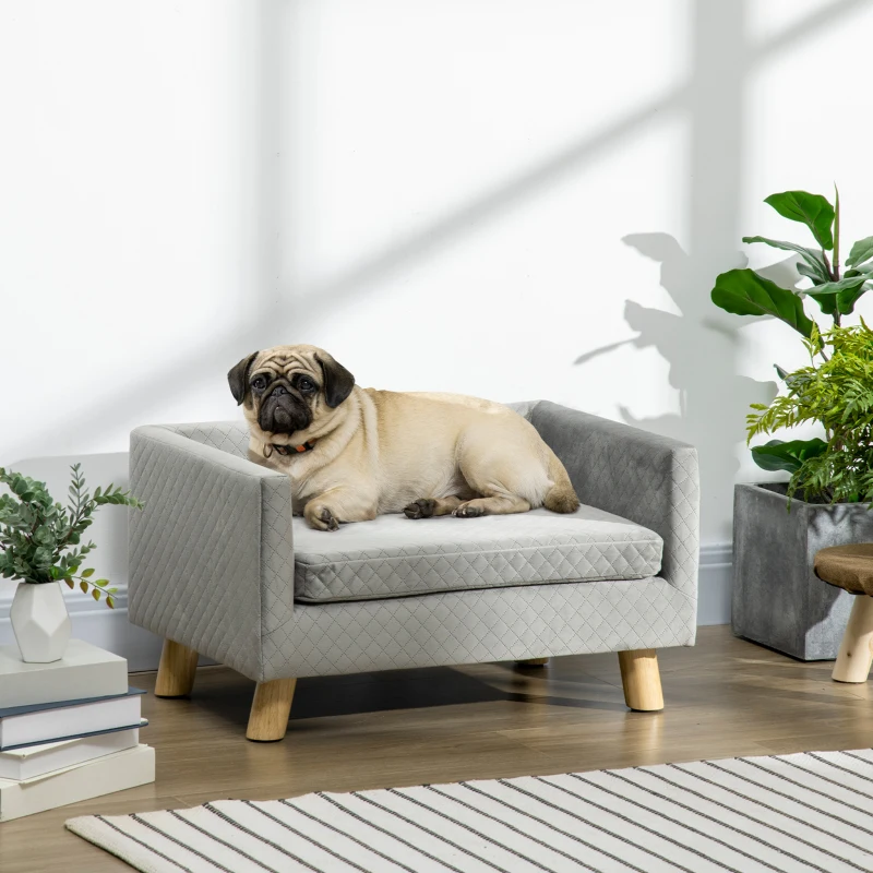 PawHut Sofá para Perros Pequeños 64x45x36 cm Tapizado en Terciopelo con Cojín Lavable y Patas de Madera de Abedul Gris Oscuro