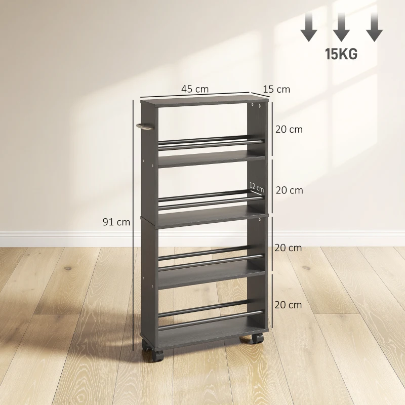 HOMCOM Multifunktionsregal mit Rollen, schmale Bauweise, 4 Fächer, 45x15x91 cm, Schwarz