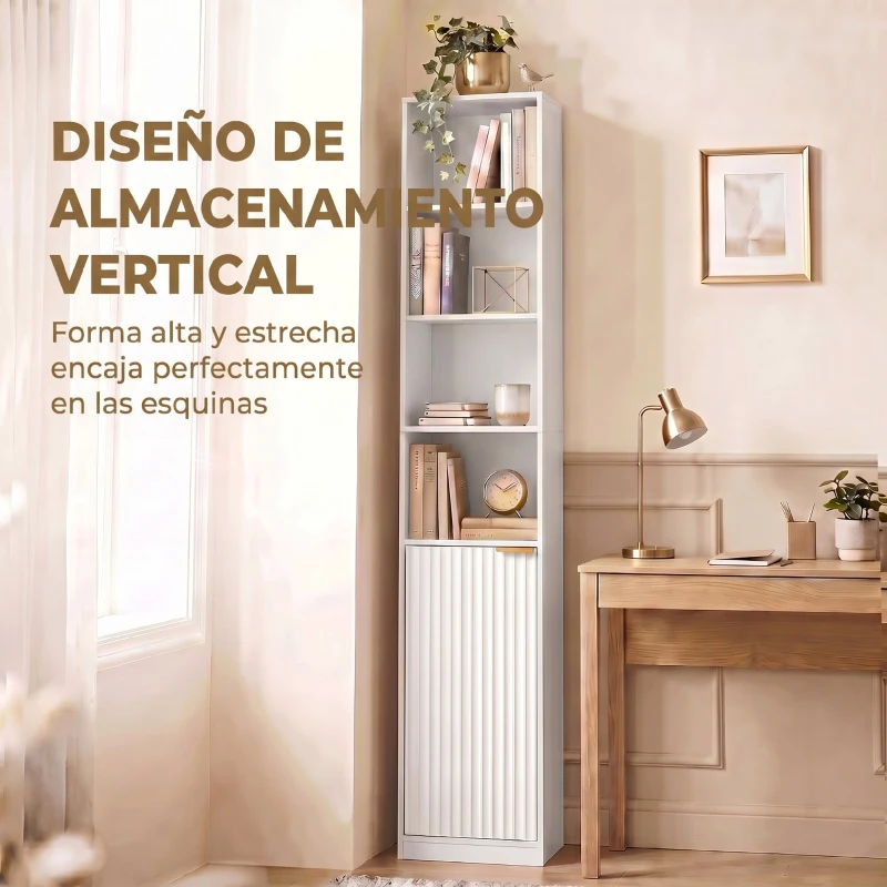 HOMCOM Estantería para Libros de 6 Niveles Librería Alta y Estrecha con 4 Estantes Abiertos Puerta y Estante Ajustable Blanco