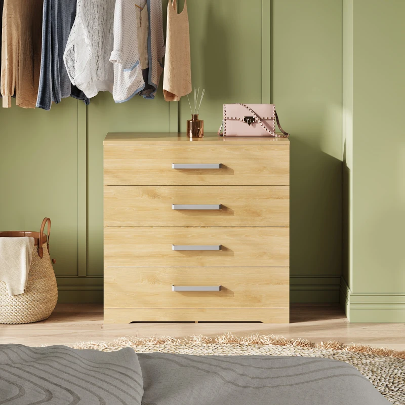 WLIVE Chest of Drawers with 4 Drawers, Metal Handles and Runners, Modern Storage Drawers for Bedroom, Kids Room, Closet, Oak