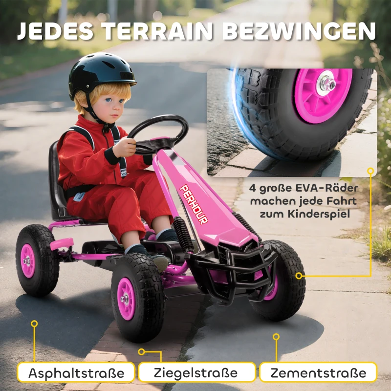 AIYAPLAY Pedal-Gokart für Kinder, höhenverstellbarer Sitz, EVA-Räder, Bremse, Kupplung, 3-8 Jahre, Rosa