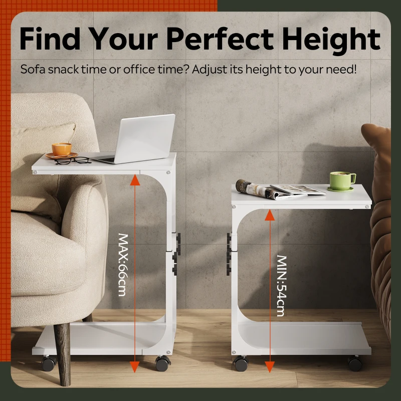 WLIVE Height Adjustable C-Shaped Side Table, Sturdy Steel Frame Sofa Table with 4 Lockable Wheels, Ideal for Living Room, Bedroom and Small Spaces, White