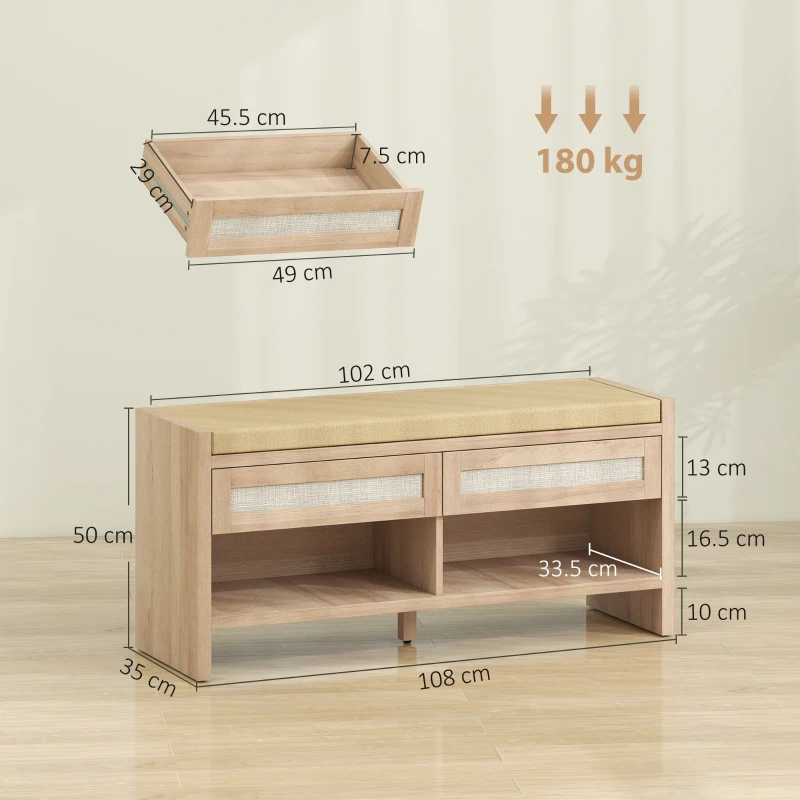 HOMCOM Boho Shoe Bench with 2 Rattan Drawers, Shoe Storage Bench with Cushioned Seat and Open Shelf Oak Wood Effect
