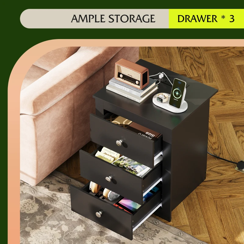 WLIVE 3-Drawer Wooden Bedside Table with Charging Station, USB Ports & Plug Sockets, Nightstand with Storage for Bedroom, Living Room, Office (1, Black)