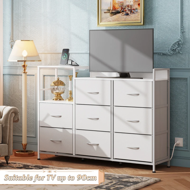 WLIVE Chest of Drawers with Charging Station, 8 Fabric Storage Drawers with Metal Frame and Wooden Top, TV Media Console Table Open Storage Shelves for Bedroom, Living Room, Hallway, White