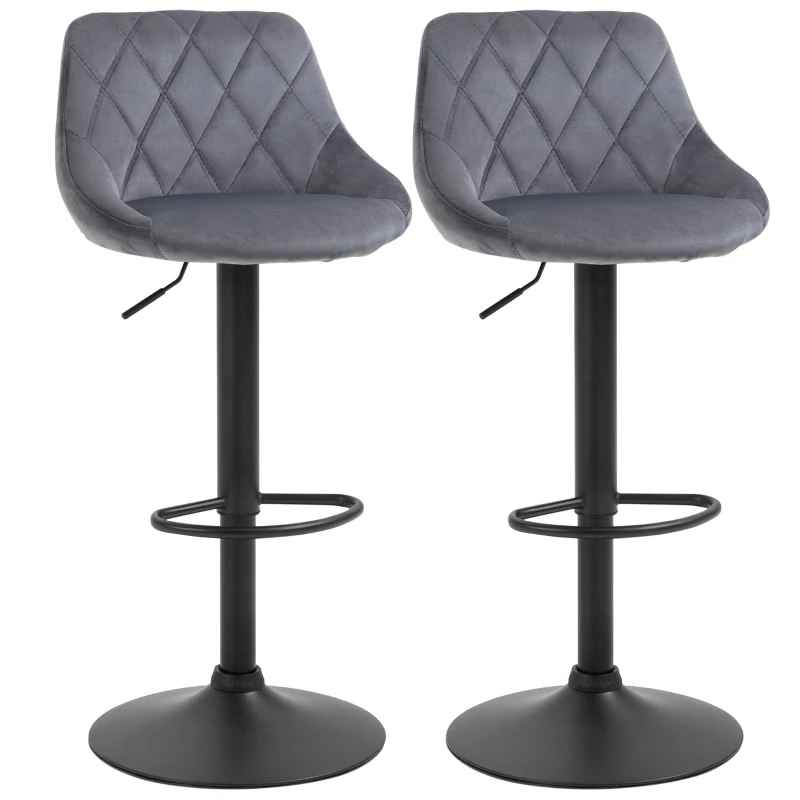HOMCOM 2er-Set Barhocker, Höhenverstellbare Barstuhl mit Lehne, Samtoptik, Metallgestell, Fußstütze, drehbare, Dunkelgrau