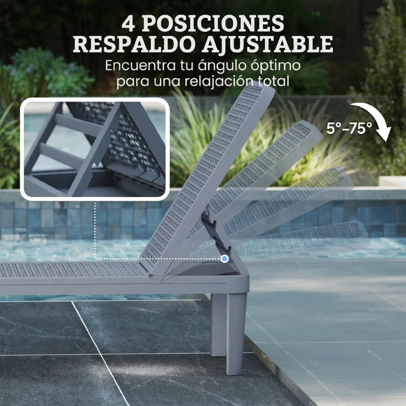 Outsunny Tumbona Reclinable de Jardín Exterior con Respaldo Ajustable en 4 Posiciones y Marco de PP 191x55x35,5 cm Gris Oscuro