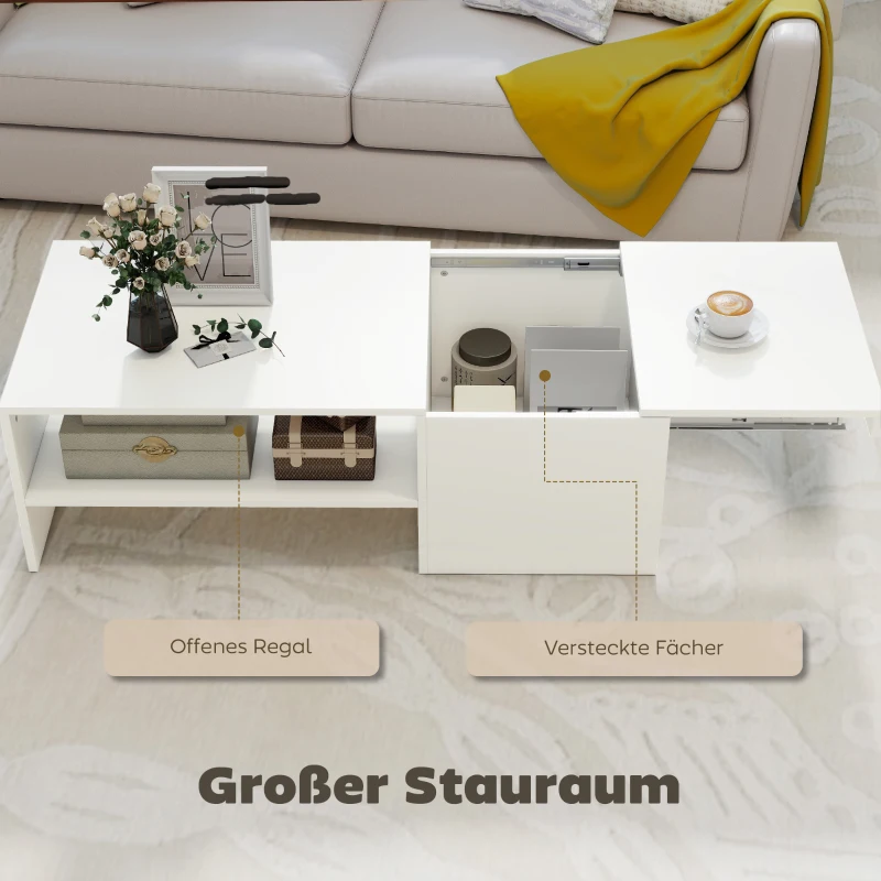 HOMCOM Verstellbarer Couchtisch, Metallschienen, Spanplatte, Fußpads, Weiß